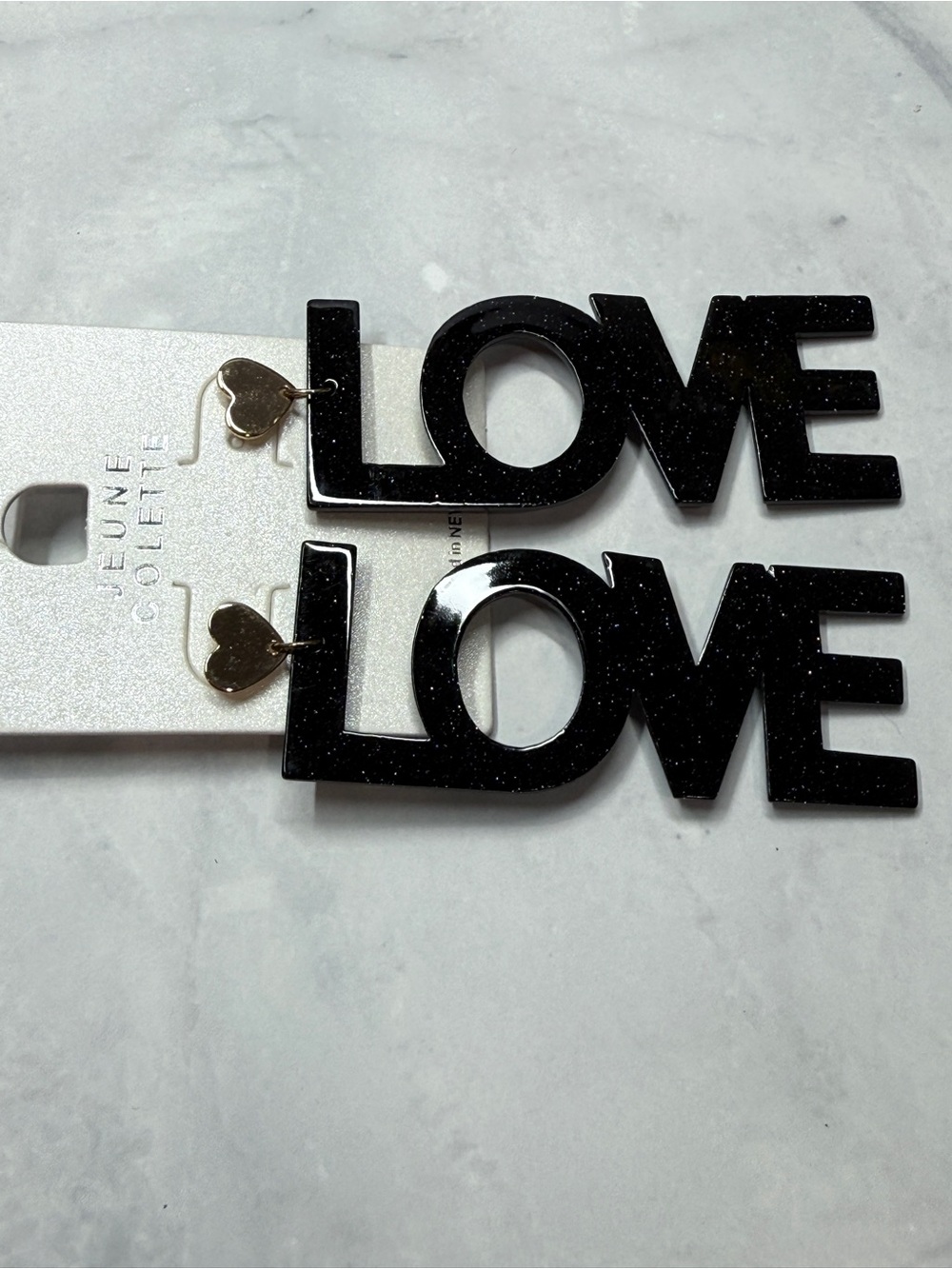 🚨3 for $15🚨 Jeune Colette - Black Glitter 'LOVE' Earrings on Gold Tone Hardware